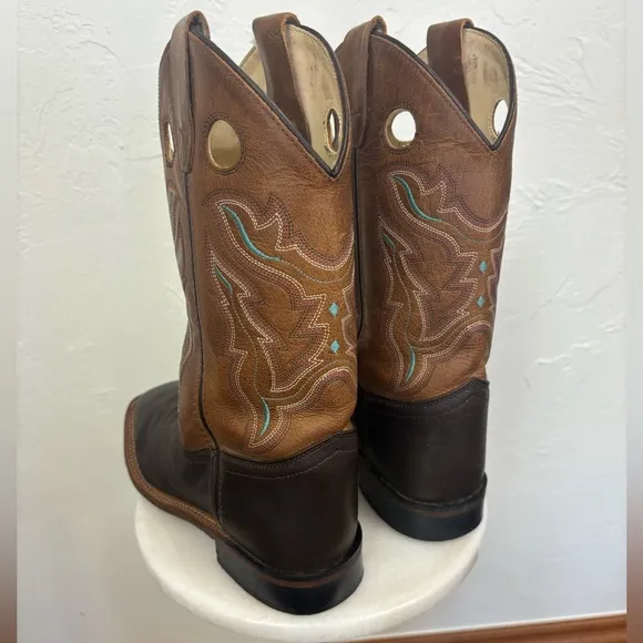OLD‎ WEST Broad Square Toe Western Cowboy Boots Brown Tan Leather Cowgirl 6