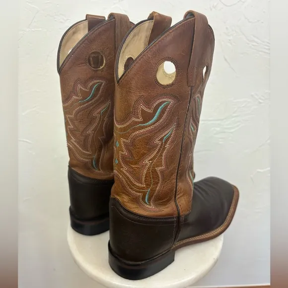 OLD‎ WEST Broad Square Toe Western Cowboy Boots Brown Tan Leather Cowgirl 6