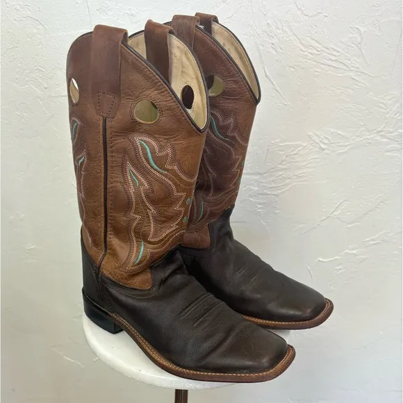 OLD‎ WEST Broad Square Toe Western Cowboy Boots Brown Tan Leather Cowgirl 6