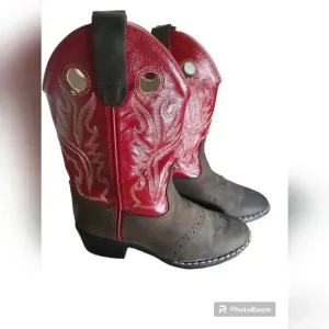 Old West Cowboy Boots Youth Size 10 Brown Red Leather Equestrian Rodeo