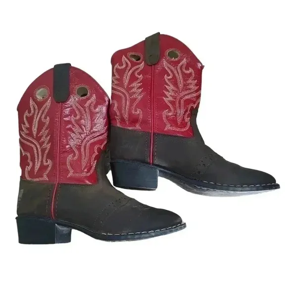 Old West Cowboy Boots Youth Size 10 Brown Red Leather Equestrian Rodeo