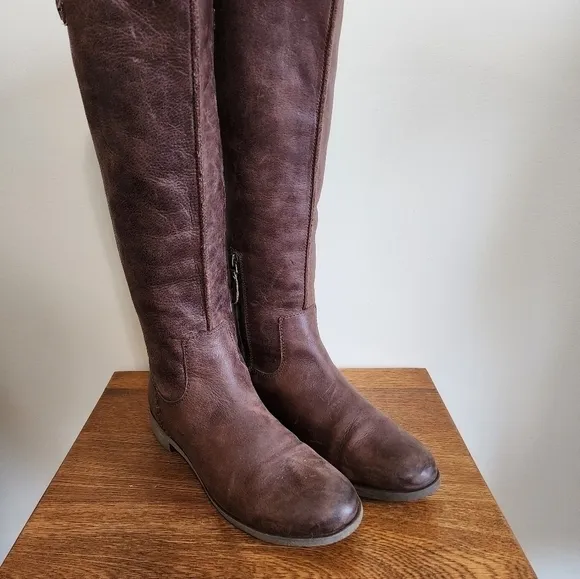 OLUKAI Leather Knee High Boots Kalupili Size 8 Equestrian Brown Stretch Calf