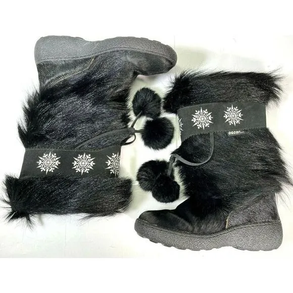 Oscar Sport Boots Black Apres Goat Hair Pom Pom Embroidery Snow Bunny