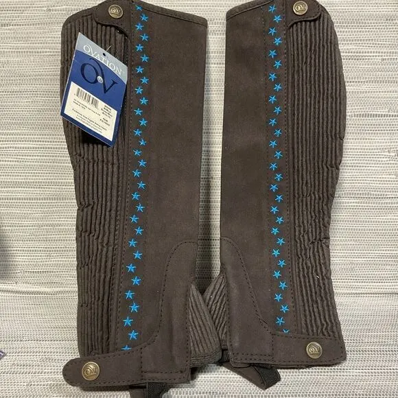 Ovation Child Stars Equestrian‎ Half Chaps Leather Brown/Blue B Youth 12-14 NEW