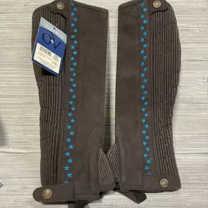 Ovation Child Stars Equestrian‎ Half Chaps Leather Brown/Blue B Youth 12-14 NEW