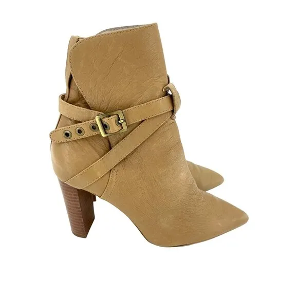 PAIGE Camille Tan Leather Booties Ankle Strap Pointed Toe Boots Sz 8 $378