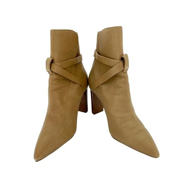 PAIGE Camille Tan Leather Booties Ankle Strap Pointed Toe Boots Sz 8 $378