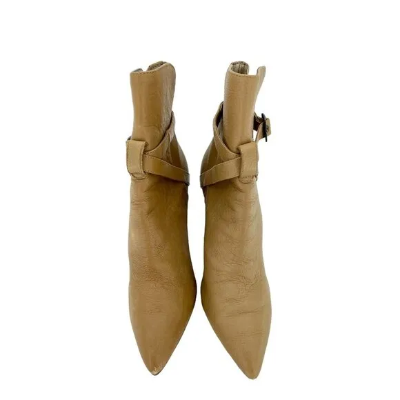 PAIGE Camille Tan Leather Booties Ankle Strap Pointed Toe Boots Sz 8 $378
