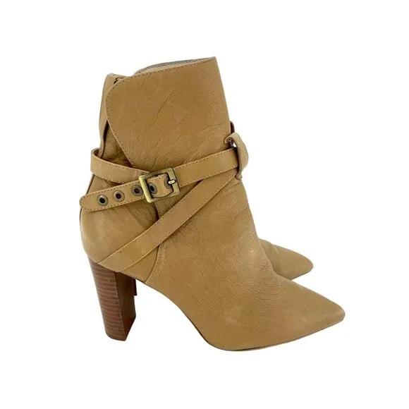 PAIGE Camille Tan Leather Booties Ankle Strap Pointed Toe Boots Sz 8 $378