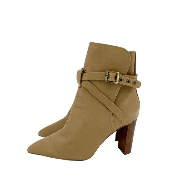 PAIGE Camille Tan Leather Booties Ankle Strap Pointed Toe Boots Sz 8 $378