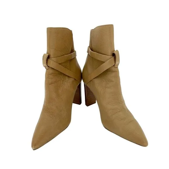 PAIGE Camille Tan Leather Booties Ankle Strap Pointed Toe Boots Sz 8 $378