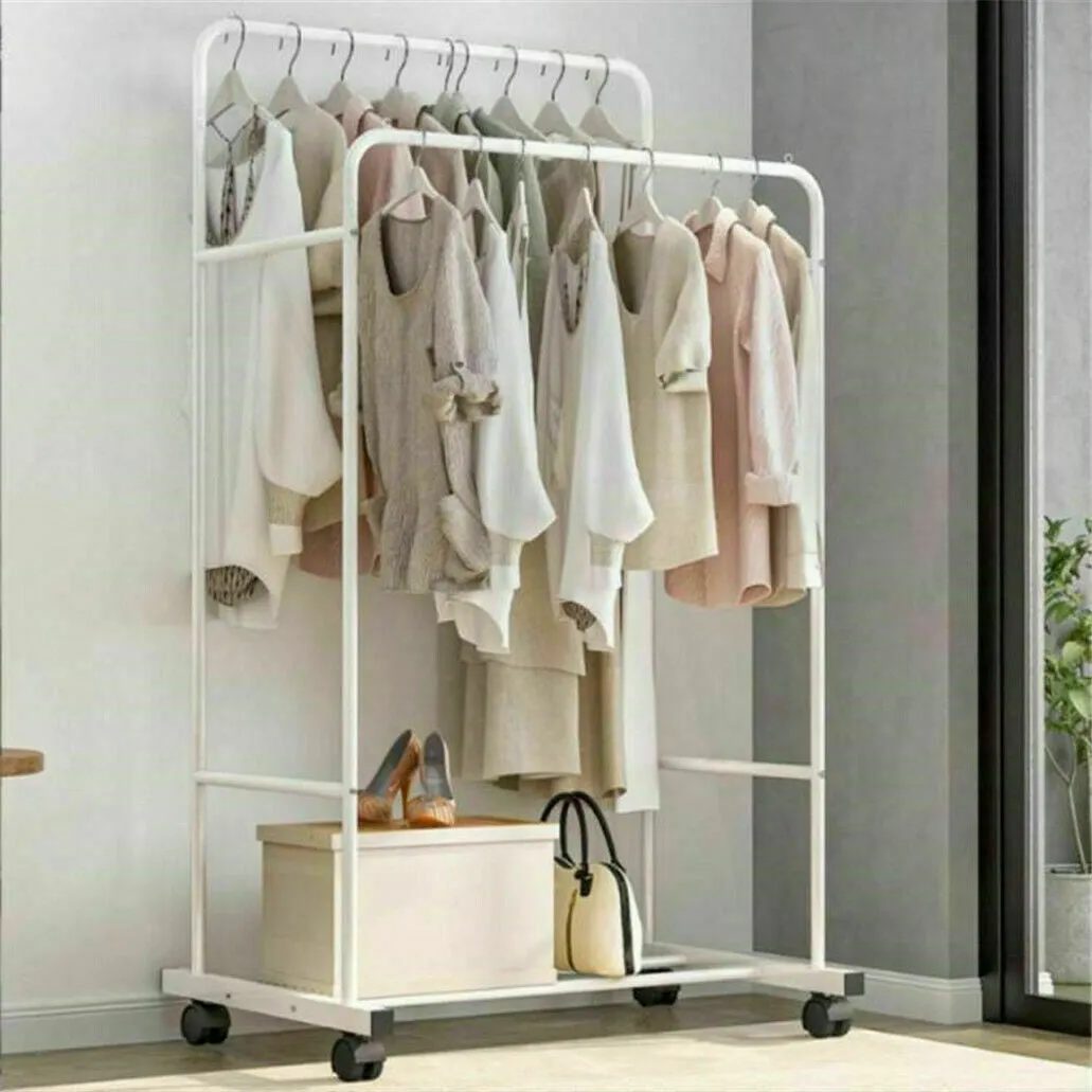 P&P Heavy Duty Double Clothes Rail Rack Garment Hanging Display Stand 4 Wheel Armoir