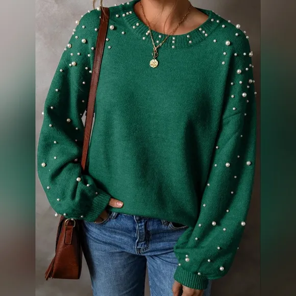 Pearl Beaded Knit Sweater Classy Pullover Long Sleeve Elegant Top Cozy Shirt