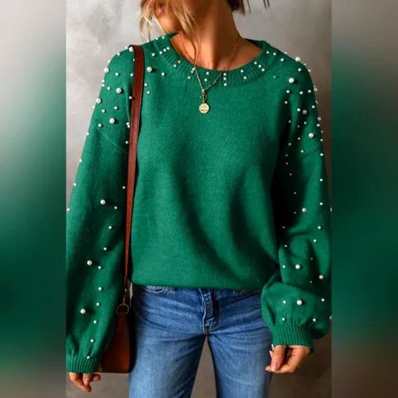 Pearl Beaded Knit Sweater Classy Pullover Long Sleeve Elegant Top Cozy Shirt