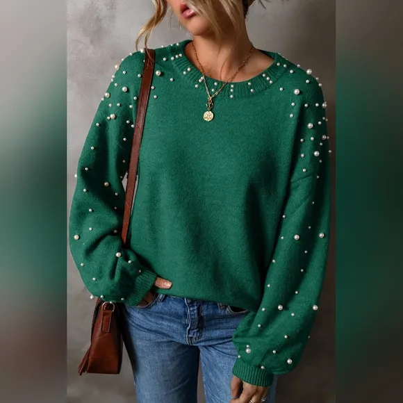 Pearl Beaded Knit Sweater Classy Pullover Long Sleeve Elegant Top Cozy Shirt