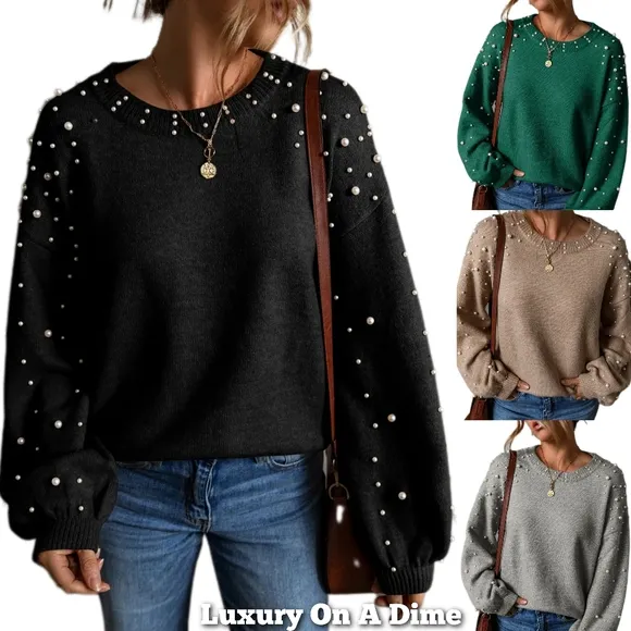 Pearl Beaded Knit Sweater Classy Pullover Long Sleeve Elegant Top Cozy Shirt