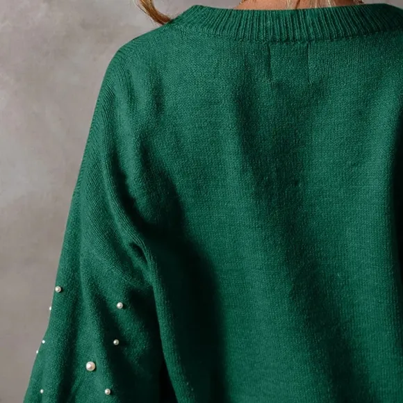 Pearl Beaded Knit Sweater Classy Pullover Long Sleeve Elegant Top Cozy Shirt