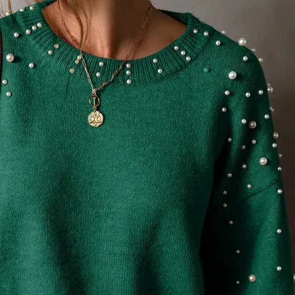 Pearl Beaded Knit Sweater Classy Pullover Long Sleeve Elegant Top Cozy Shirt