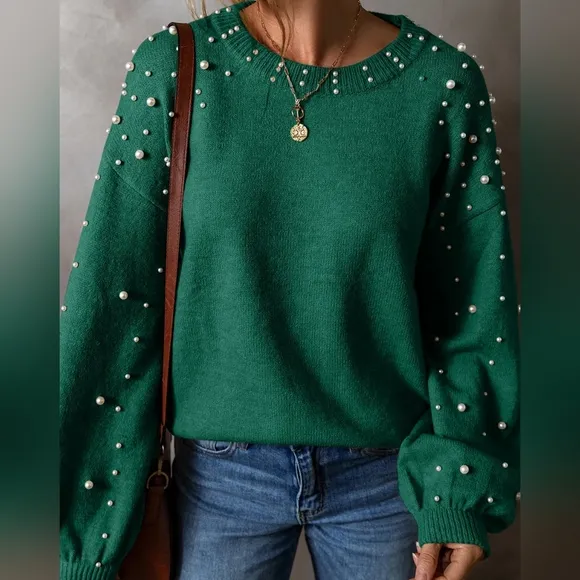 Pearl Beaded Knit Sweater Classy Pullover Long Sleeve Elegant Top Cozy Shirt