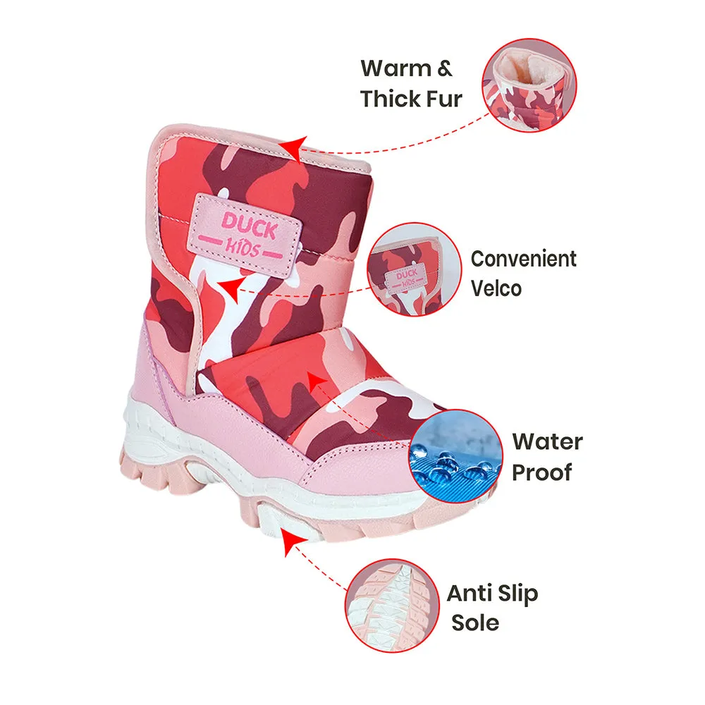 Pink Camouflage Waterproof Winter Snow Boots for Kids with Metal Cleats for Minus Degree Icy Terrains