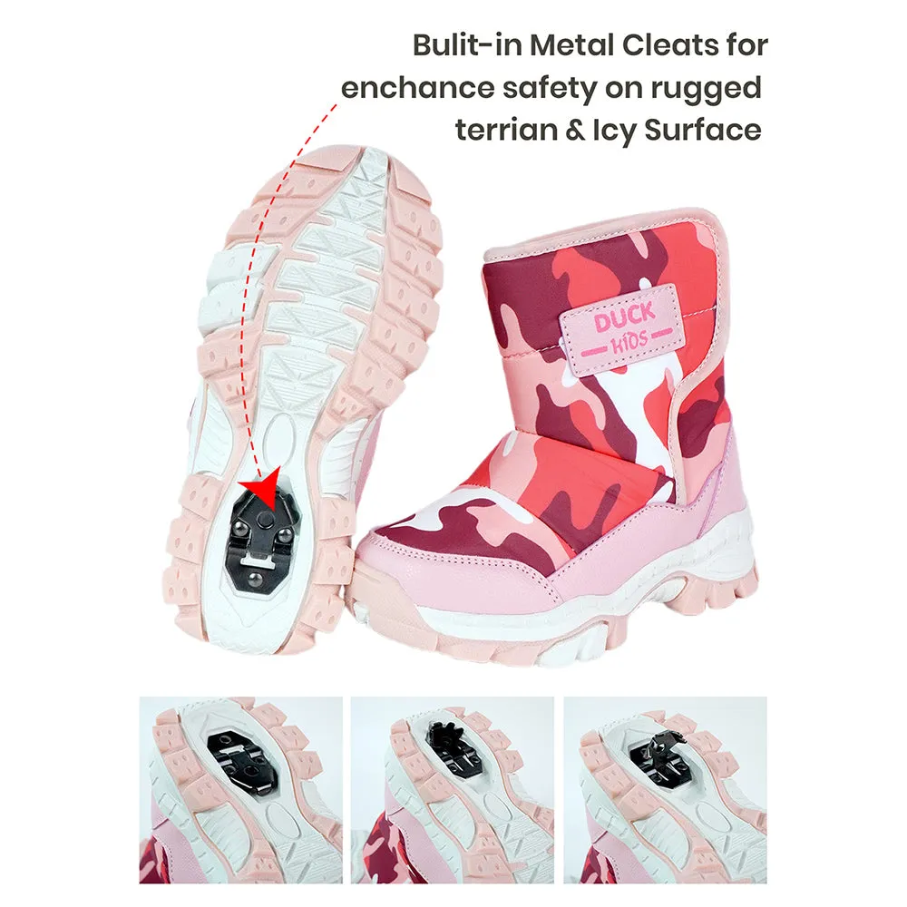 Pink Camouflage Waterproof Winter Snow Boots for Kids with Metal Cleats for Minus Degree Icy Terrains