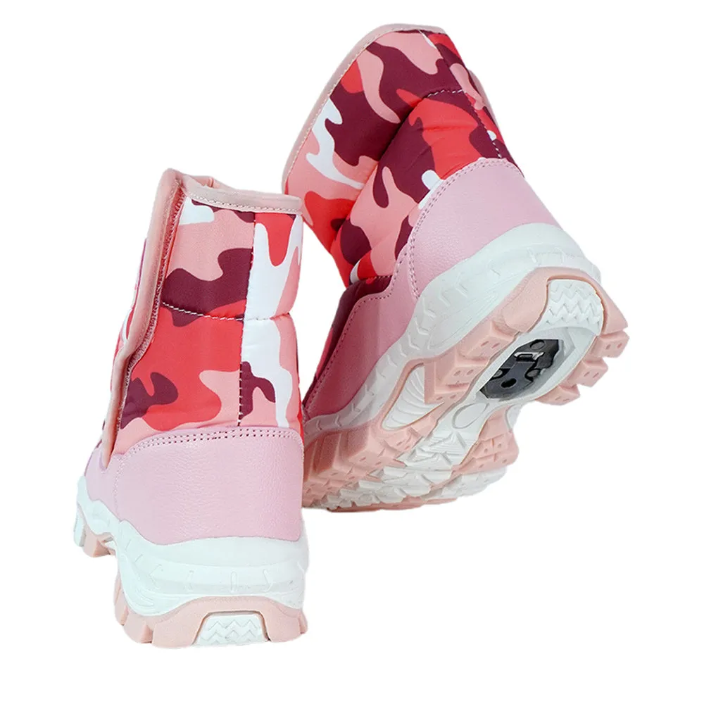 Pink Camouflage Waterproof Winter Snow Boots for Kids with Metal Cleats for Minus Degree Icy Terrains
