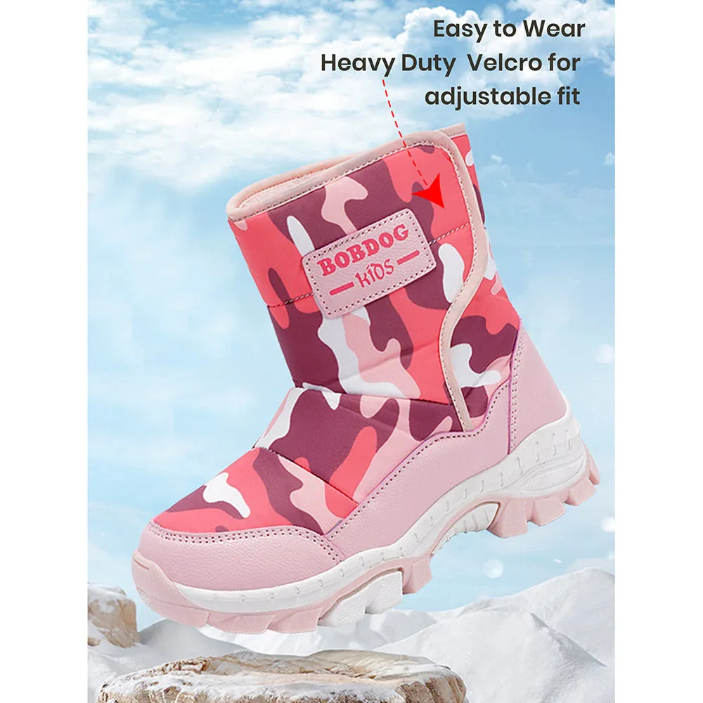 Pink Camouflage Waterproof Winter Snow Boots for Kids with Metal Cleats for Minus Degree Icy Terrains
