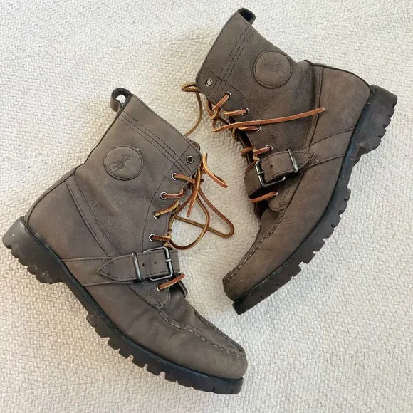 Polo Ralph Lauren Taupe Leather Ranger Lace Up Combat Boots size 9