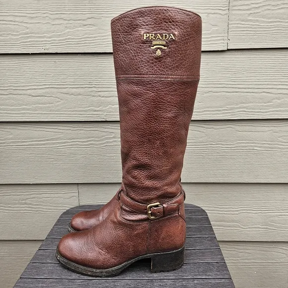 Prada Leather Riding Boots Chocolate Brown Tall Boot Equestrian Womens Size 38