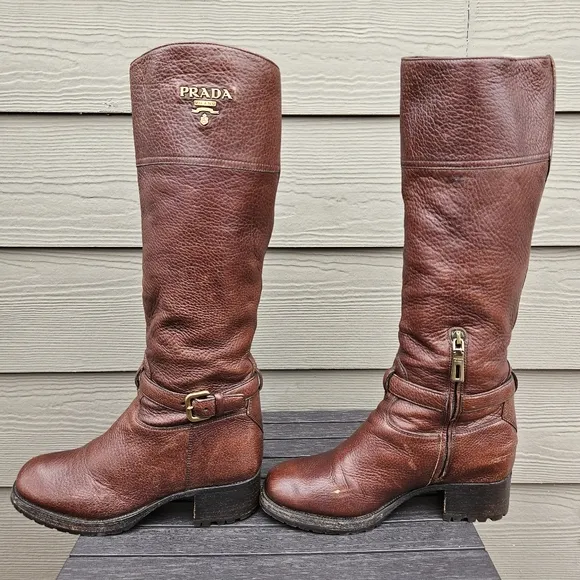 Prada Leather Riding Boots Chocolate Brown Tall Boot Equestrian Womens Size 38