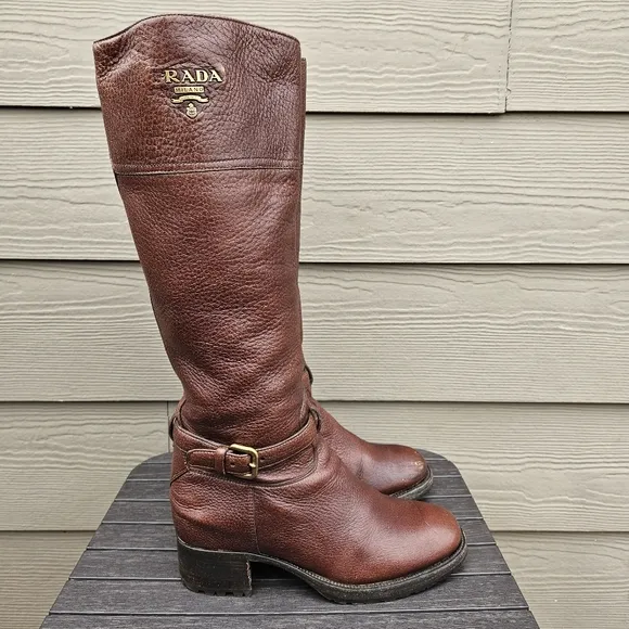 Prada Leather Riding Boots Chocolate Brown Tall Boot Equestrian Womens Size 38