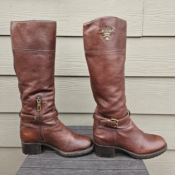 Prada Leather Riding Boots Chocolate Brown Tall Boot Equestrian Womens Size 38