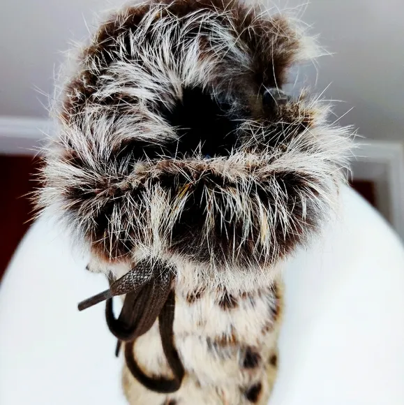 Rabbit Fur Leather High Heal Winter Boots Tan
