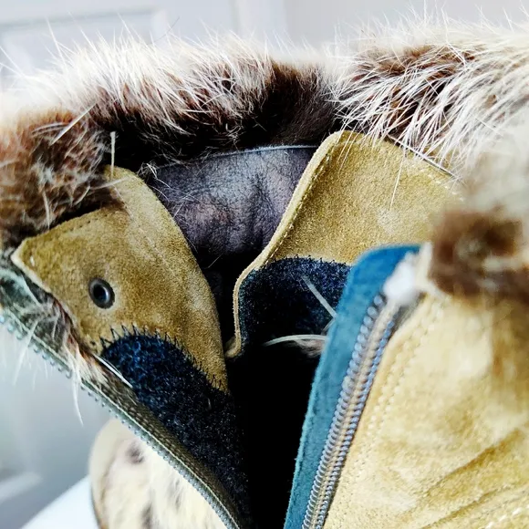 Rabbit Fur Leather High Heal Winter Boots Tan