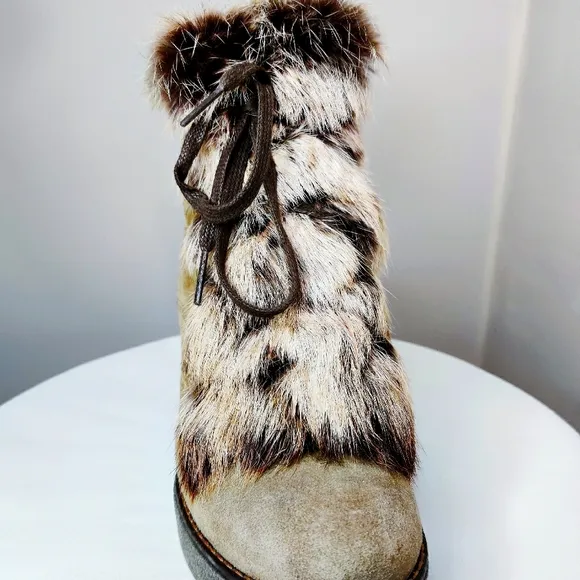 Rabbit Fur Leather High Heal Winter Boots Tan