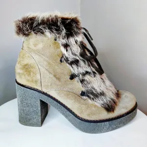 Rabbit Fur Leather High Heal Winter Boots Tan