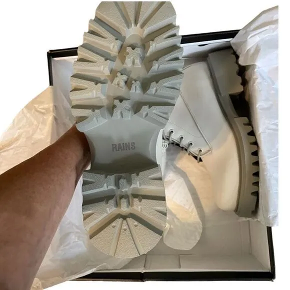 Rains Show Combat Boots Cement Off White Ankle High Lace-Up Vegan 9