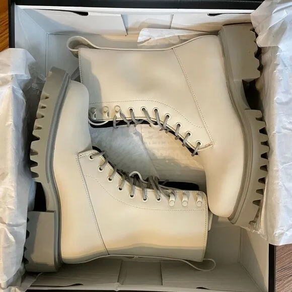 Rains Show Combat Boots Cement Off White Ankle High Lace-Up Vegan 9