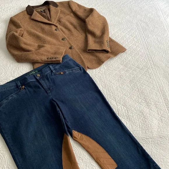 Ralph Lauren Riding Jeans Leather Patch Inner Knee Tan Medium Wash 14 Waist 34