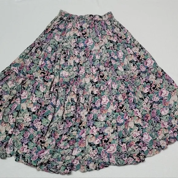 Rare Vintage Star of India Purple Floral Tiered Ruffle Elastic Waist Maxi Skirt