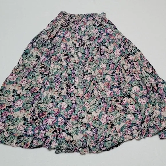 Rare Vintage Star of India Purple Floral Tiered Ruffle Elastic Waist Maxi Skirt