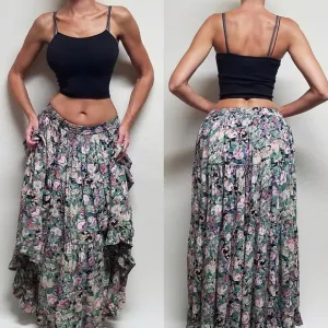 Rare Vintage Star of India Purple Floral Tiered Ruffle Elastic Waist Maxi Skirt