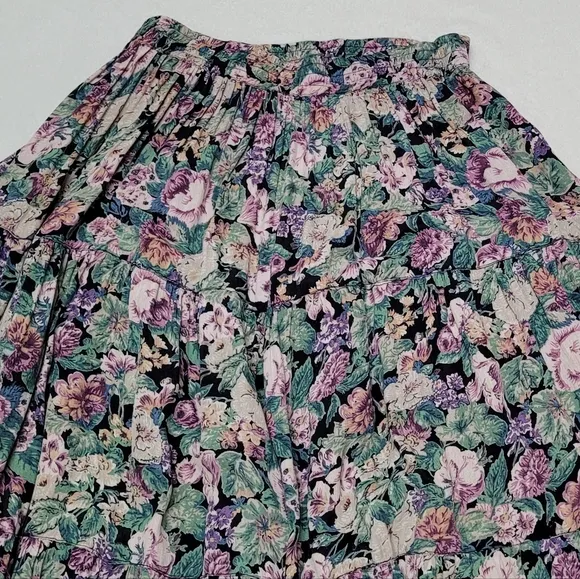 Rare Vintage Star of India Purple Floral Tiered Ruffle Elastic Waist Maxi Skirt