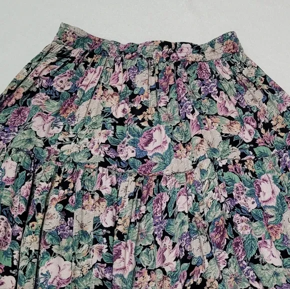 Rare Vintage Star of India Purple Floral Tiered Ruffle Elastic Waist Maxi Skirt