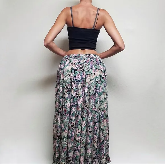 Rare Vintage Star of India Purple Floral Tiered Ruffle Elastic Waist Maxi Skirt