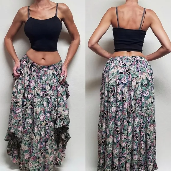 Rare Vintage Star of India Purple Floral Tiered Ruffle Elastic Waist Maxi Skirt
