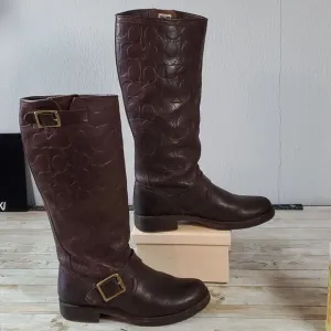 RARE Frye Veronica x Coach Stamped‎ C's Women's Brown Leather Tall Boots Size 6½