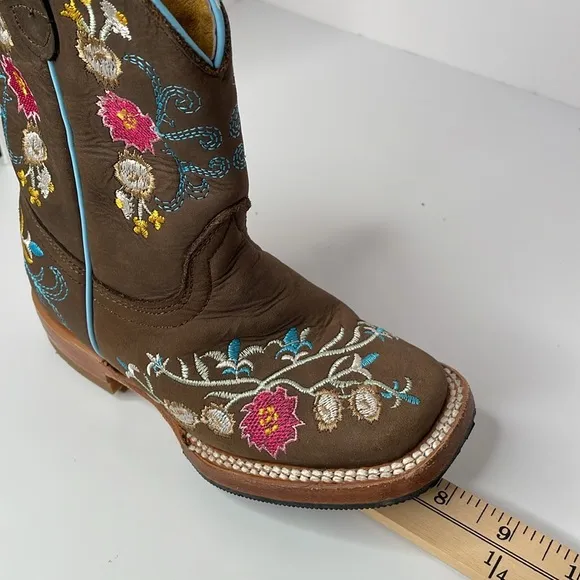 Red Hawk Boots Girls Western Chocolate Leather Floral Boots