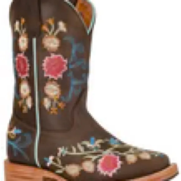 Red Hawk Boots Girls Western Chocolate Leather Floral Boots