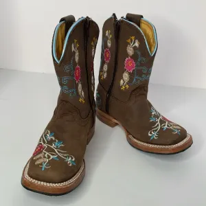 Red Hawk Boots Girls Western Chocolate Leather Floral Boots